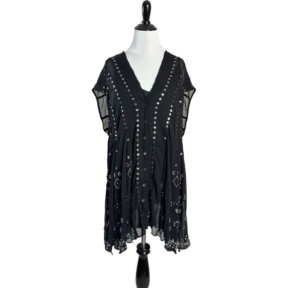 Free People Bohemian Gypsy Witchy Beaded Aston Dress Black Small Sheer Bells - Picture 7 of 14